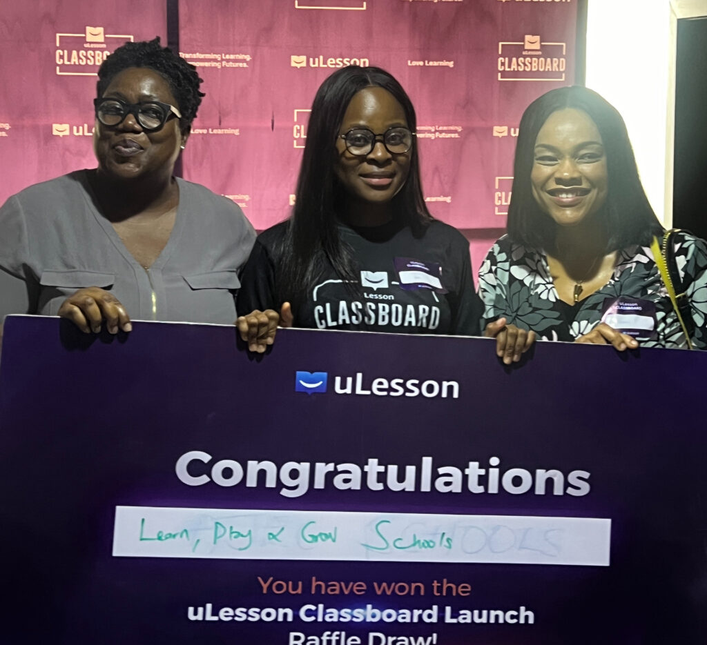 Head of Marketing and Analytics, uLesson K-12, Tosin Oyetade (M), with representatives of Mainland raffle winner, Learn, Play, and Grow Learning Centre