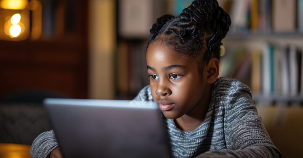 A young girl learning on a laptop