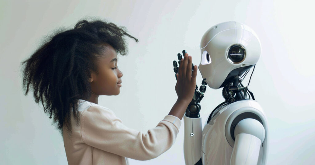 A young girl giving an AI a high-five