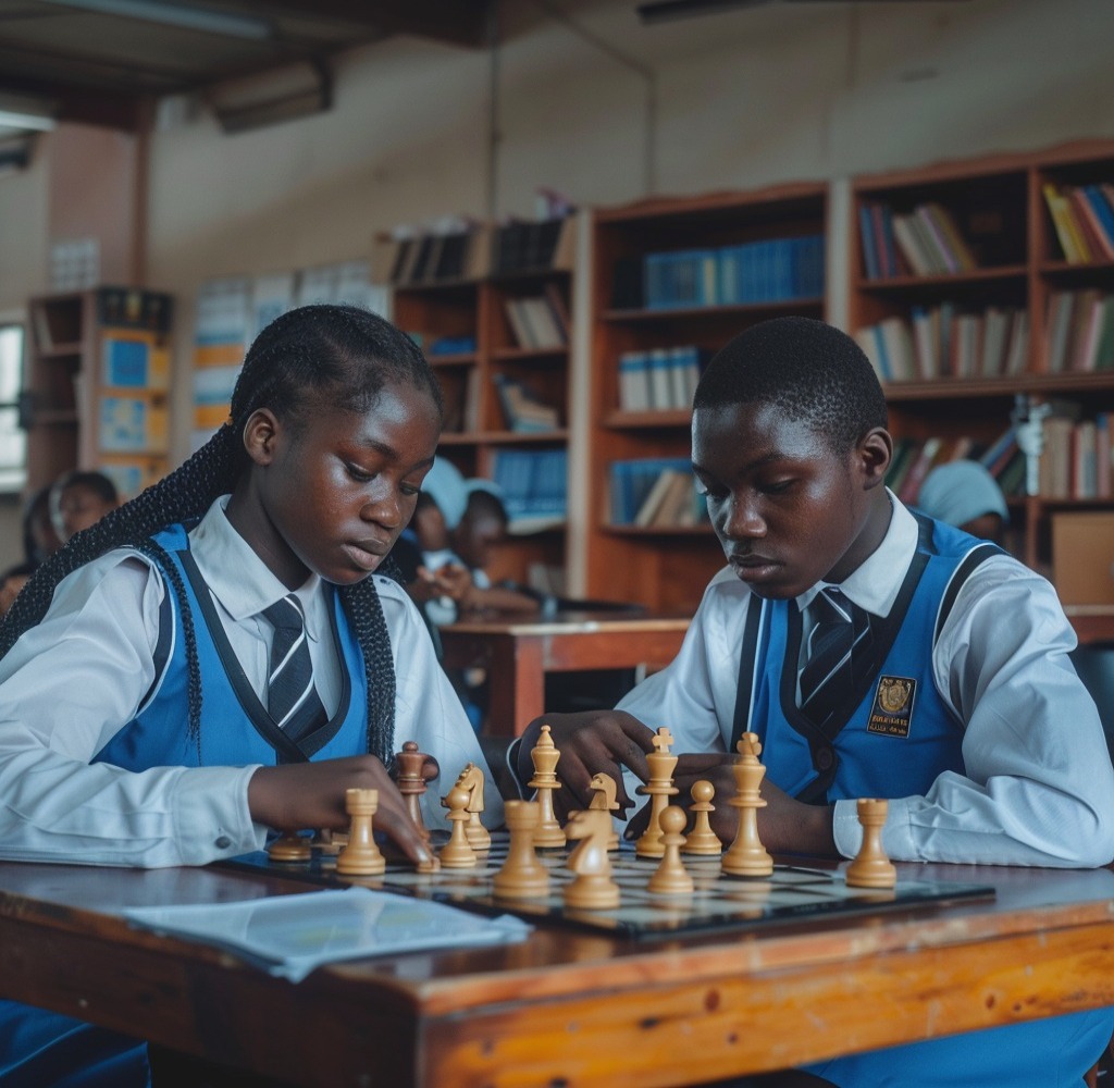 Extracurricular activities_A male and female student playing chess in a library