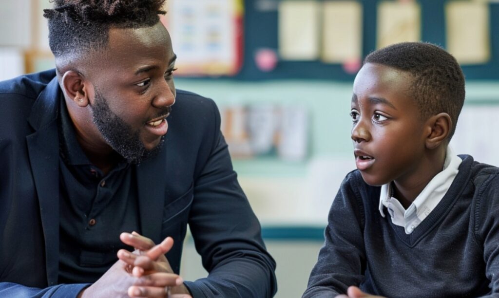 A teacher providing support to his student