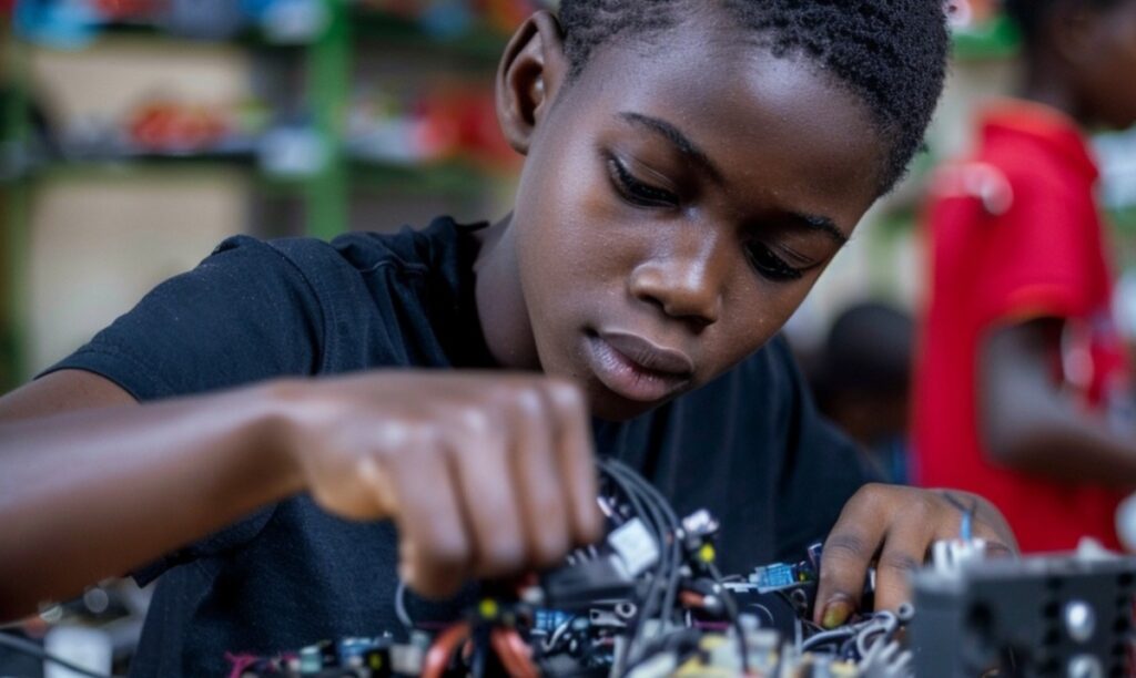 A boy building a robot in his science class to encourage critical thinking and problem-solving skills