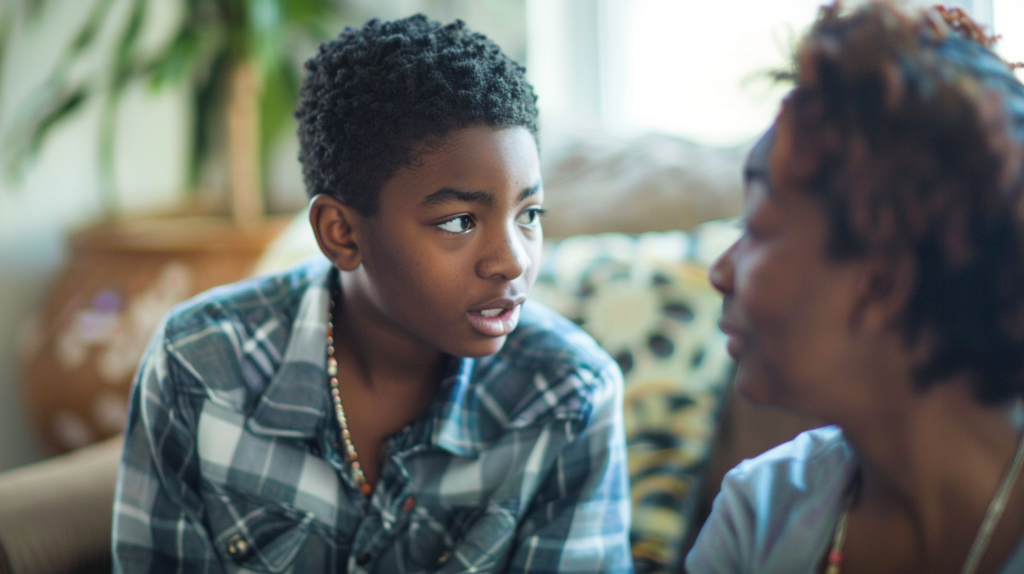 A young boy having a discussion with an older woman