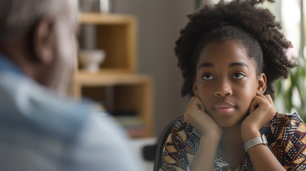 A girl listening to her father attentively