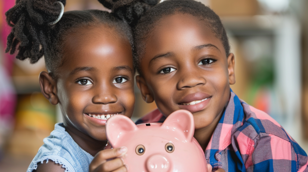 Two children holding a piggybank