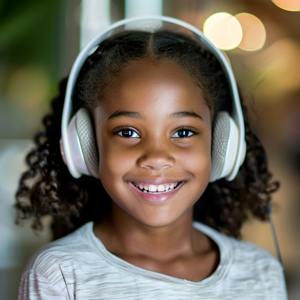 A girl listening to her lessons via headphones