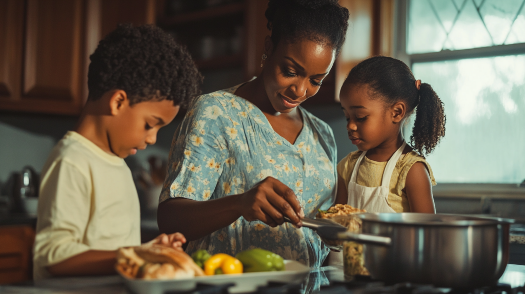 A woman and her children cooking