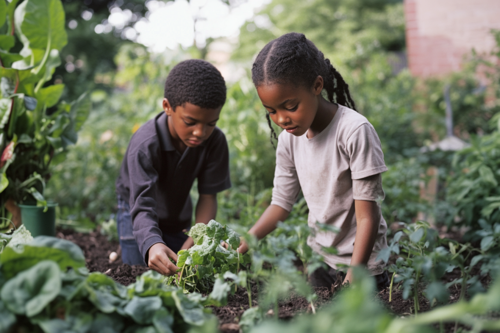 Two  children gardening