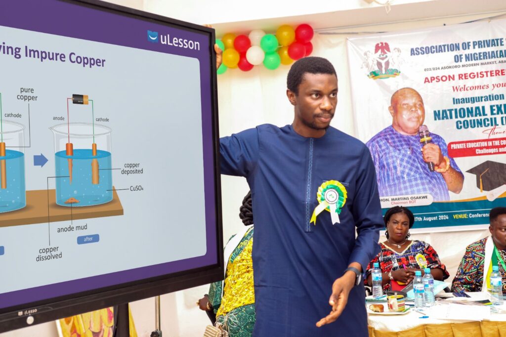 CEO of uLesson Education, AyoOluwa Nihinlola, addressing the attendees at the event and giving a live demo of the uLesson Classboard