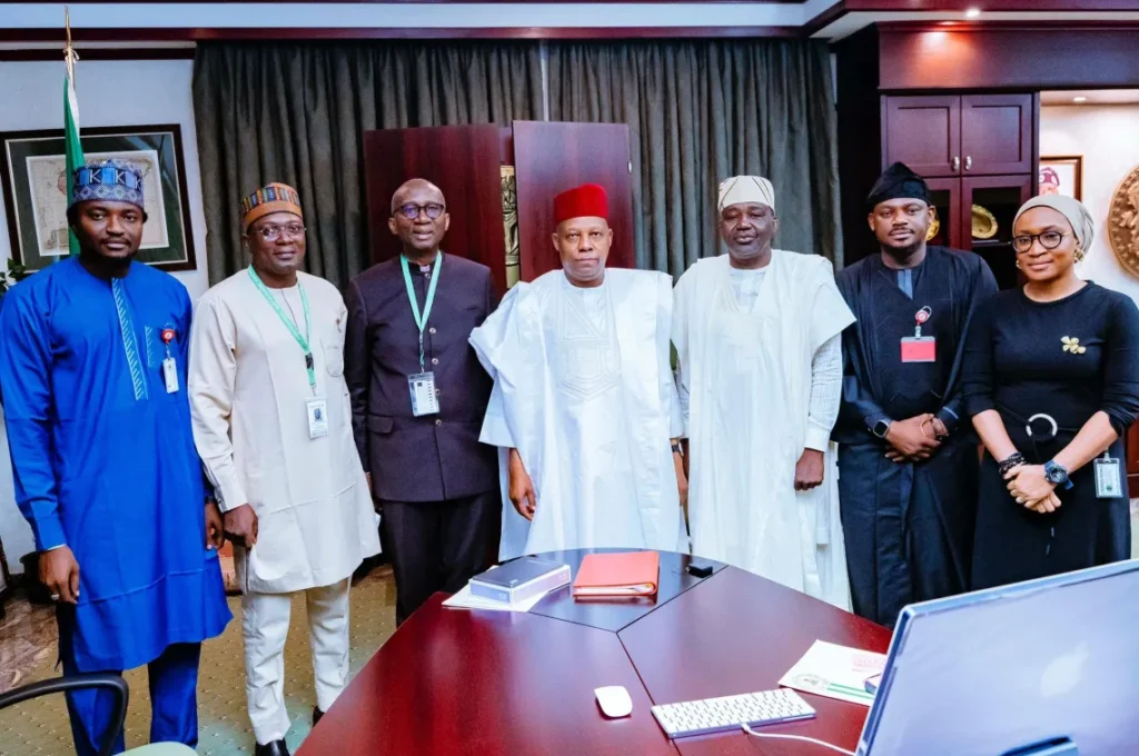 Chairman, MTN Nigeria, Ernest Ndukwe, and Vice President of Nigeria, Senator Kashim Shettima (middle) with their team at the State House, Abuja, Nigeria