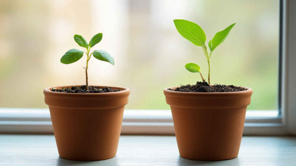 Two seedlings in flower pots as a DIY science experiment