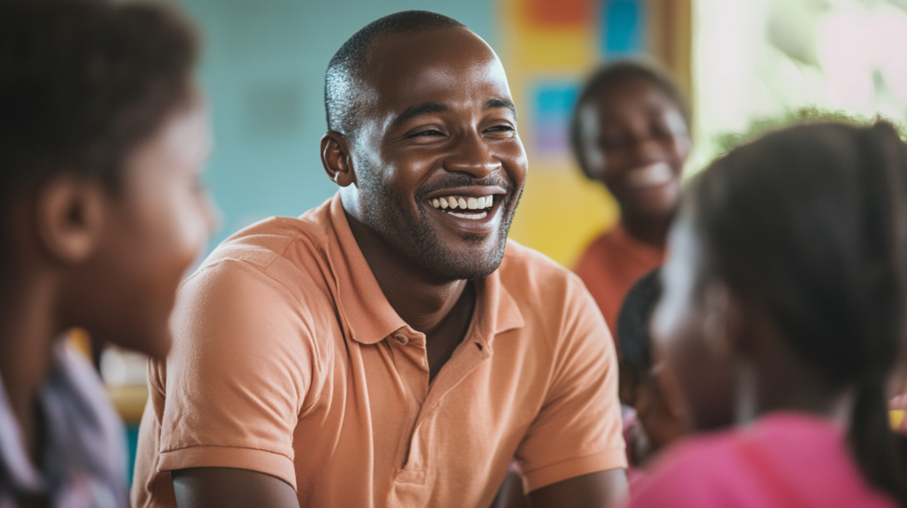 A teacher laughing with his students