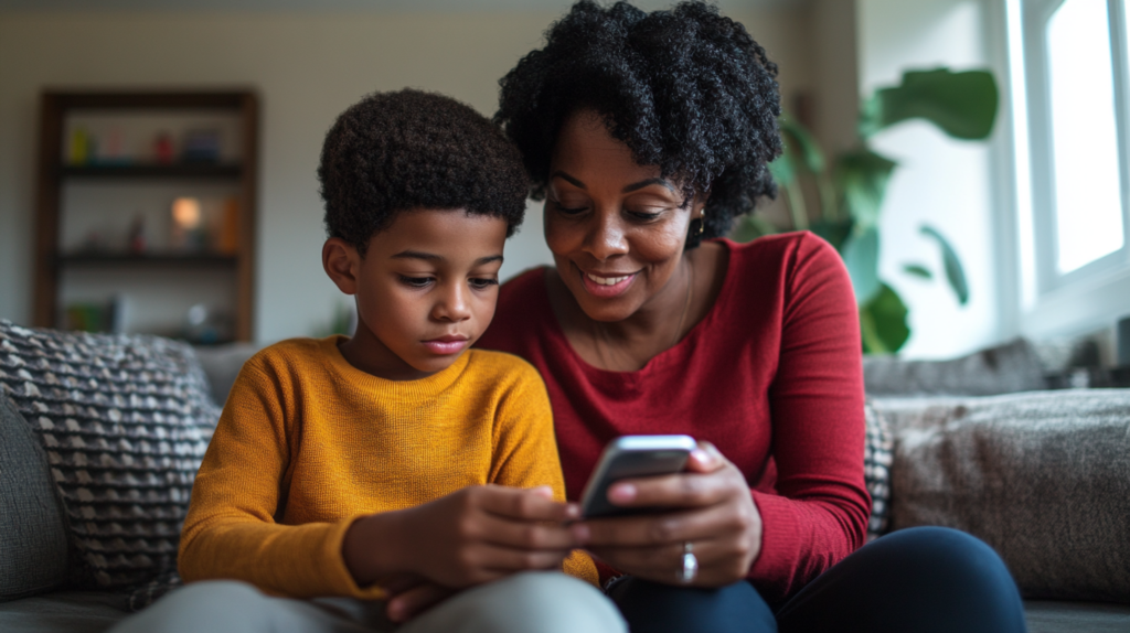 A mother looking at her son's learning report.