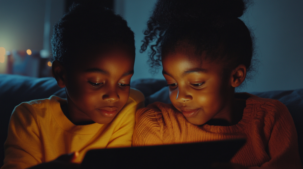 Two learners watching video lessons on a tablet.