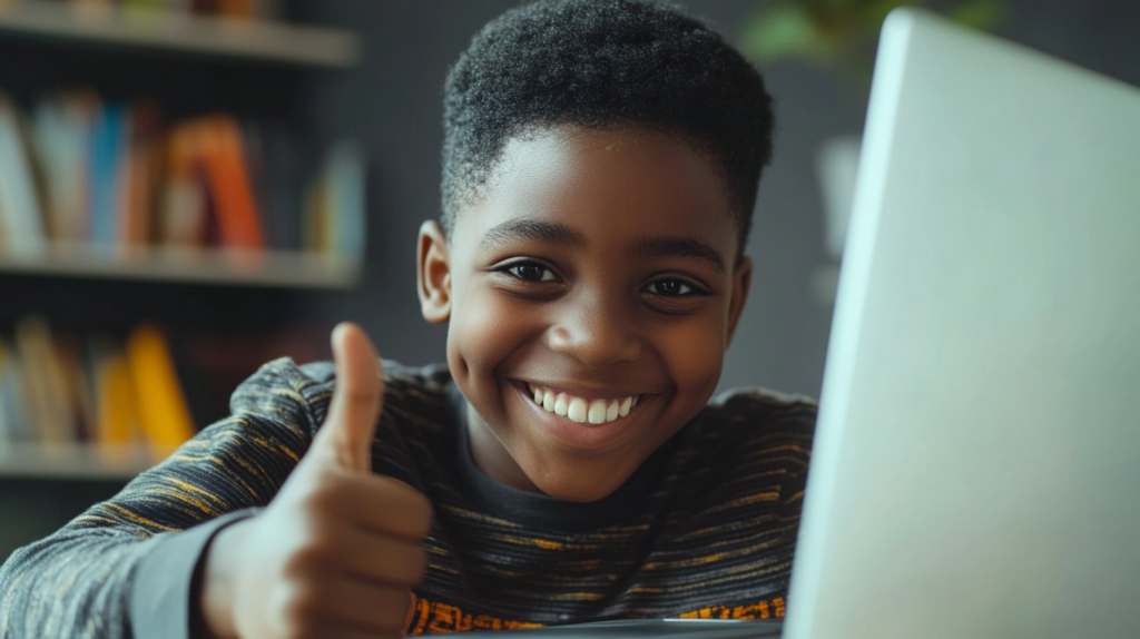 A boy excited about writing his essay