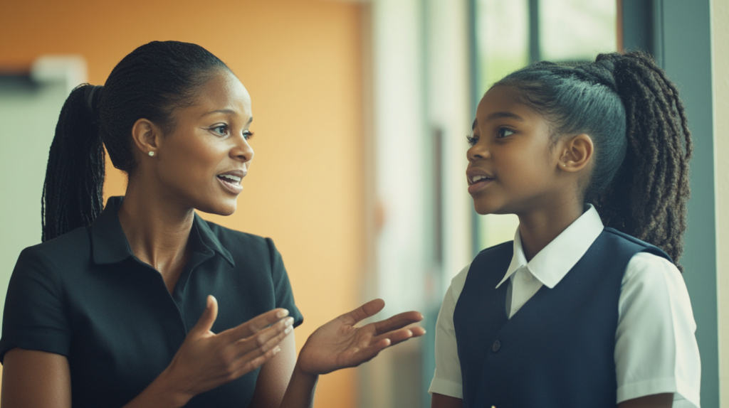 A teacher talking to her student