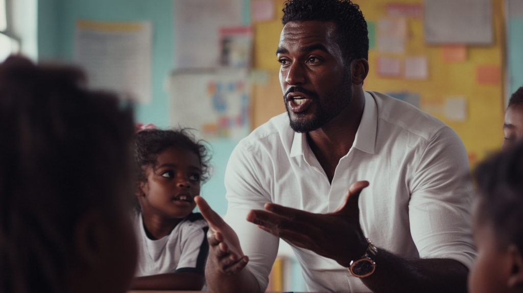 A teacher talking to his young pupils