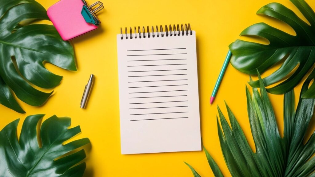 A notepad and other stationery on a bright yellow surface