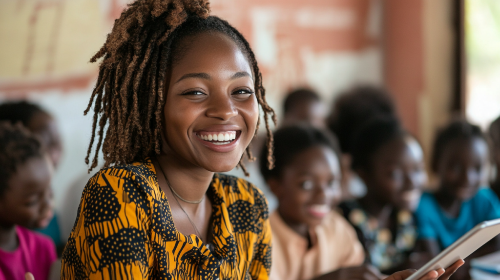 A teacher holding a tablet and smiling in a class.