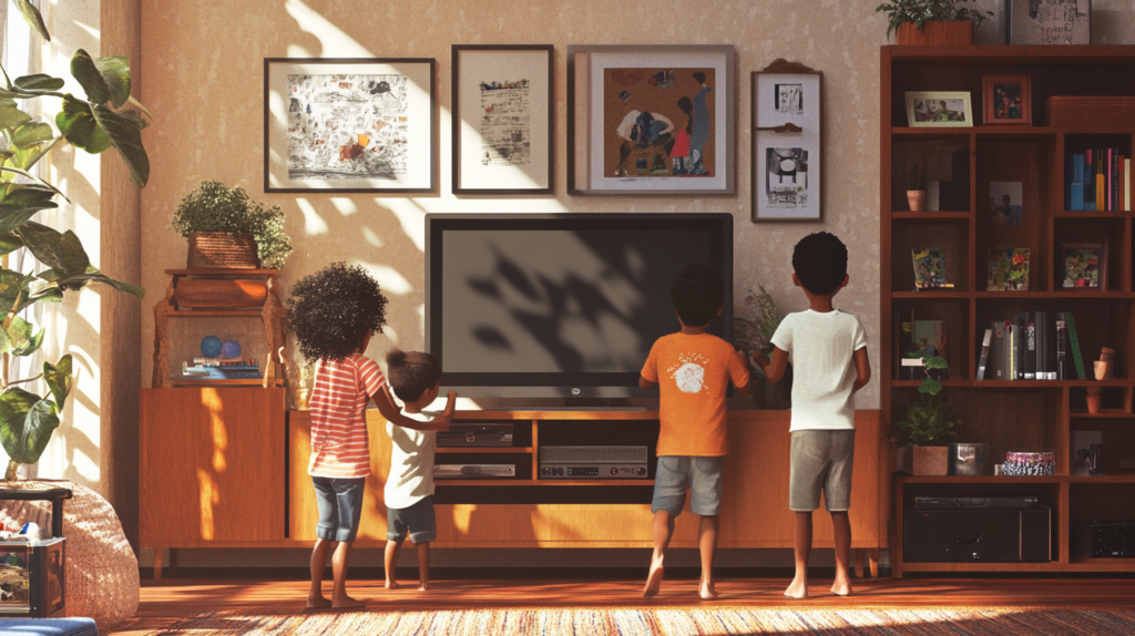 Children on a scavenger hunt in a living room.