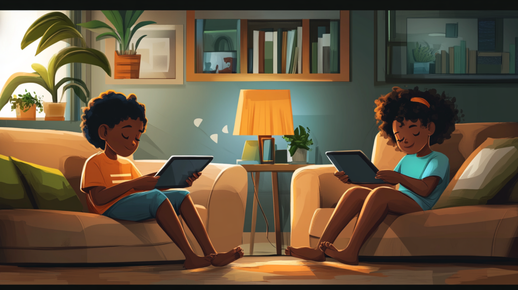 Two children learning on their tablets.