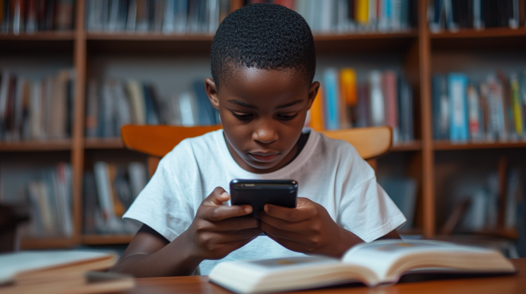 A boy using a smartphone while studying in a library