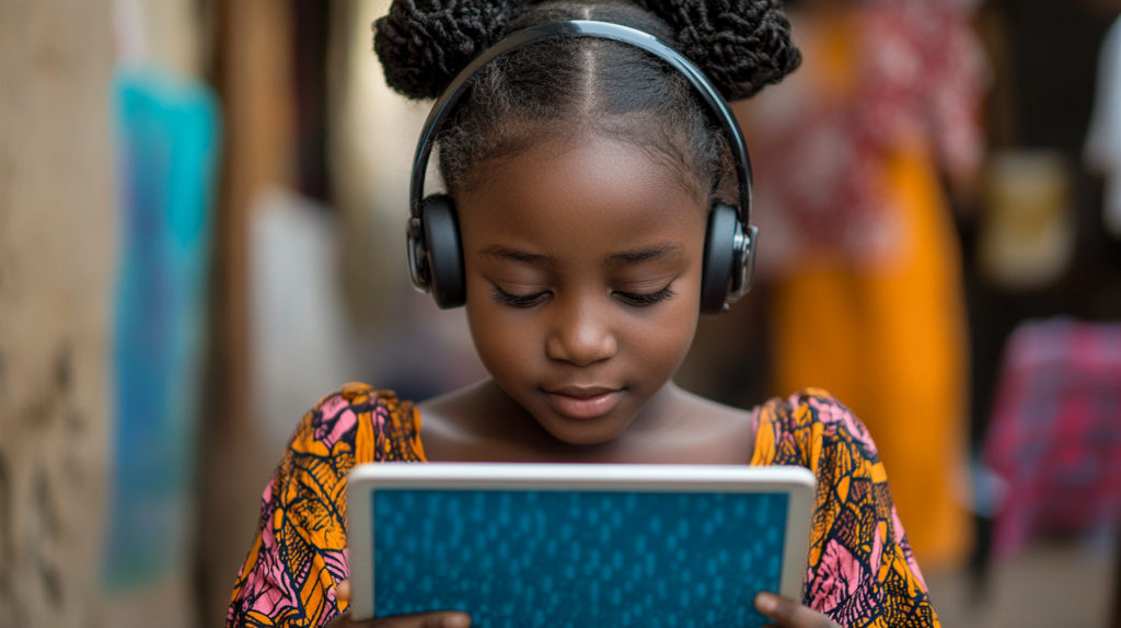 A girl studying with digital devices (a tablet and a headphone)