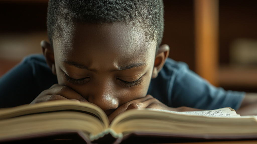 A boy burying his face in a textbook