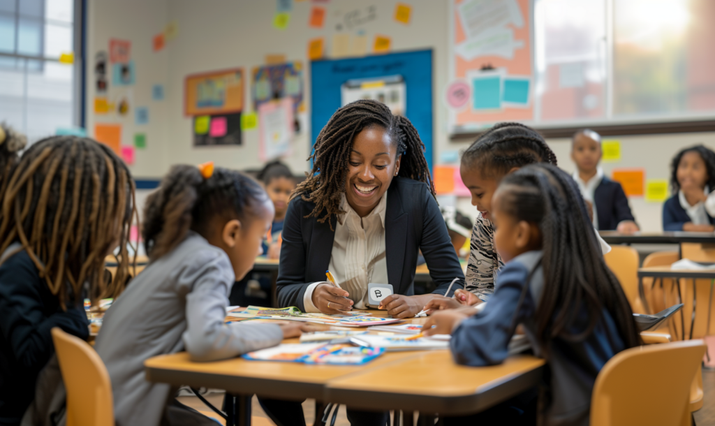 A female teacher helping her students at a desk.