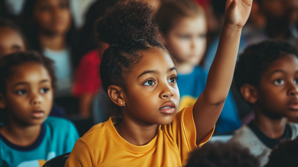 A girl raising her hand in class to answer a question