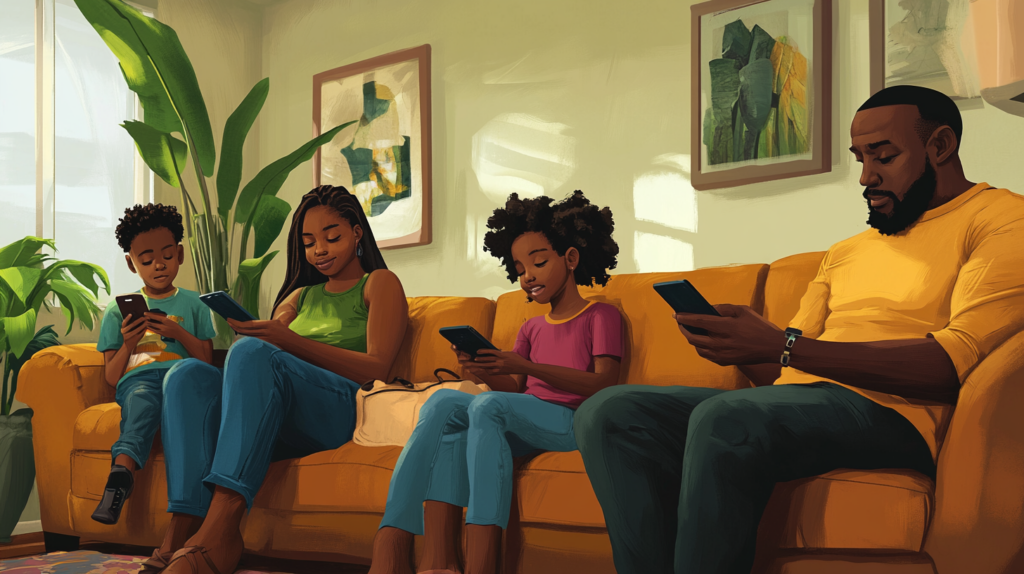 A family using mobile devices in a living room.