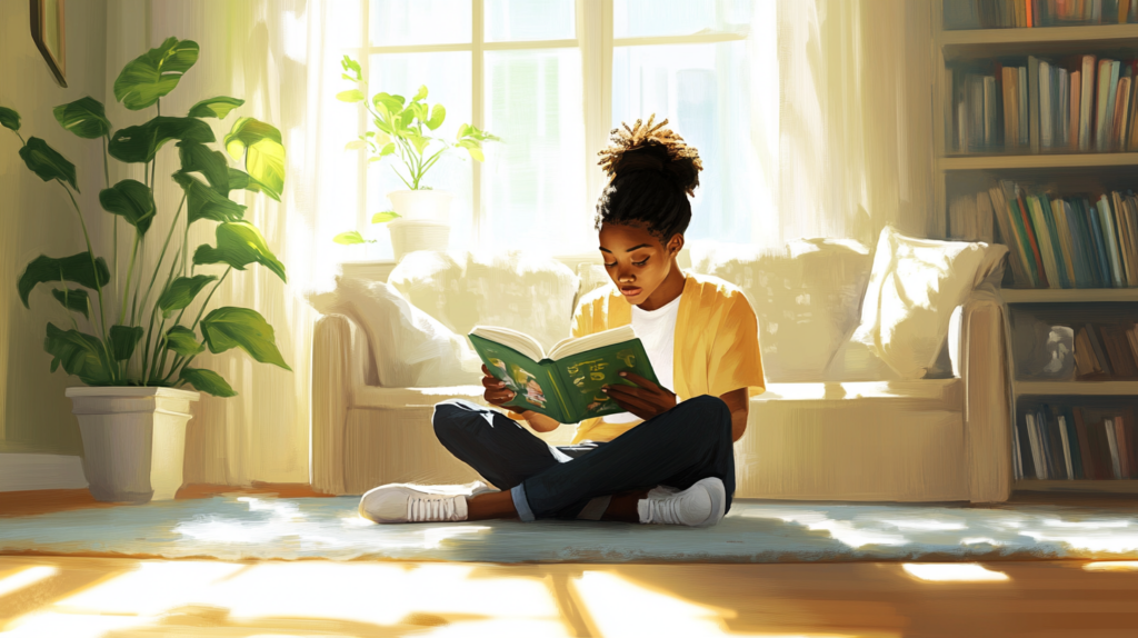 A girl studying a book in a living room