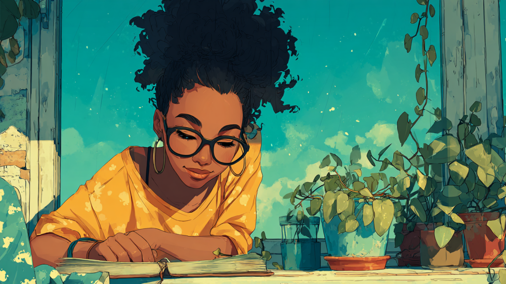 A girl studying beside some plants by the window_photosynthesis