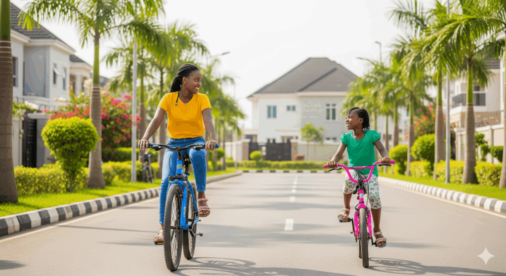 Two girls each riding a bicycle in an estate street