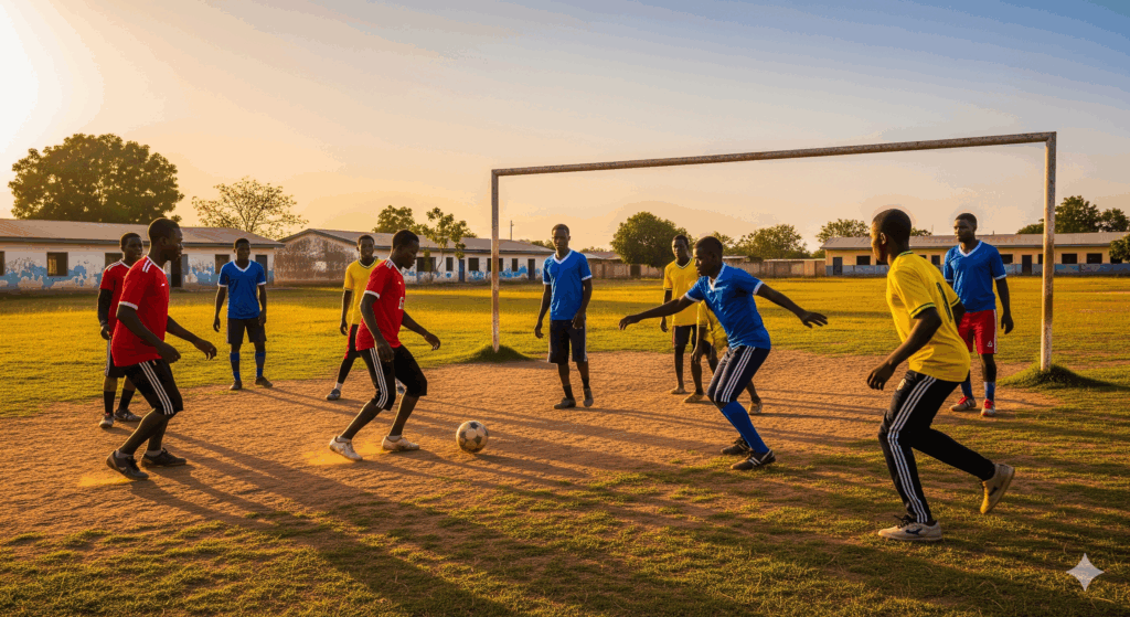 School boys playing football on a schol field