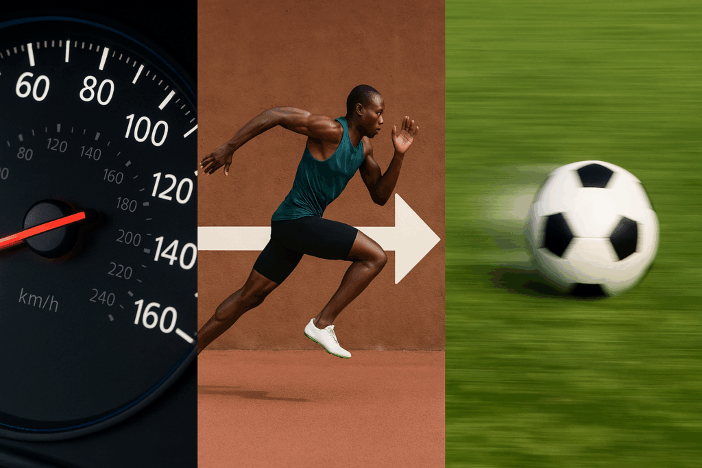 A car's speedometer, an athlete running in a direction, and a moving ball, showing speed, velocity, and acceleration.
