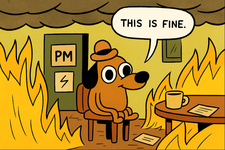 The “This is fine” dog sitting in a burning room.